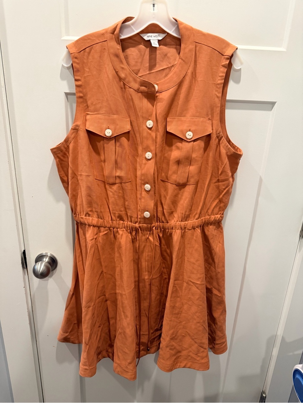 Nine West Orange Utility Dress Womens XL Button Front Sleeveless Elastic Waist
